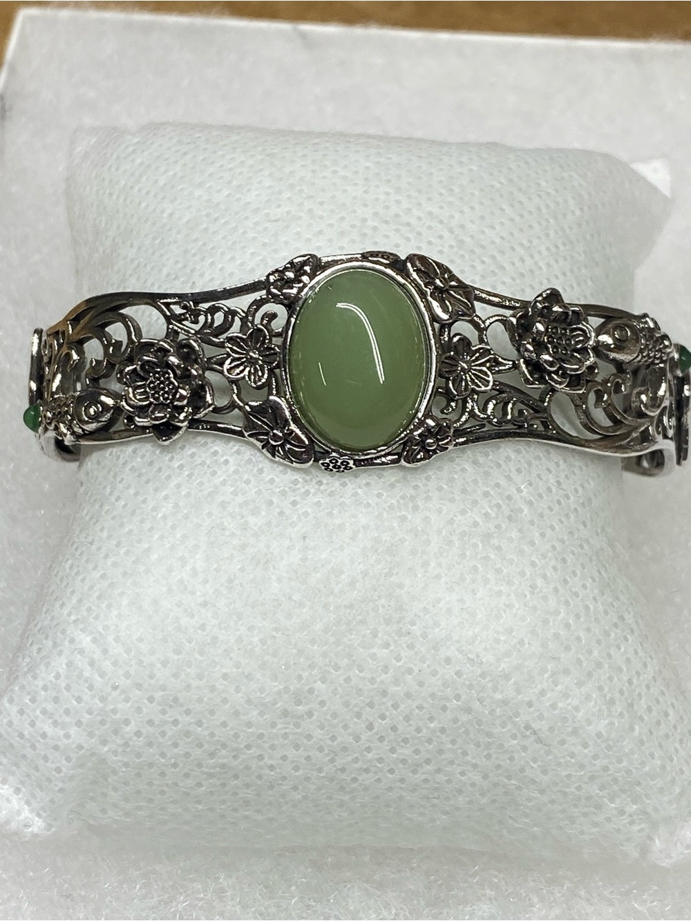 Sterling Silver Floral Filigree Cuff Bracelet with Jade Stone